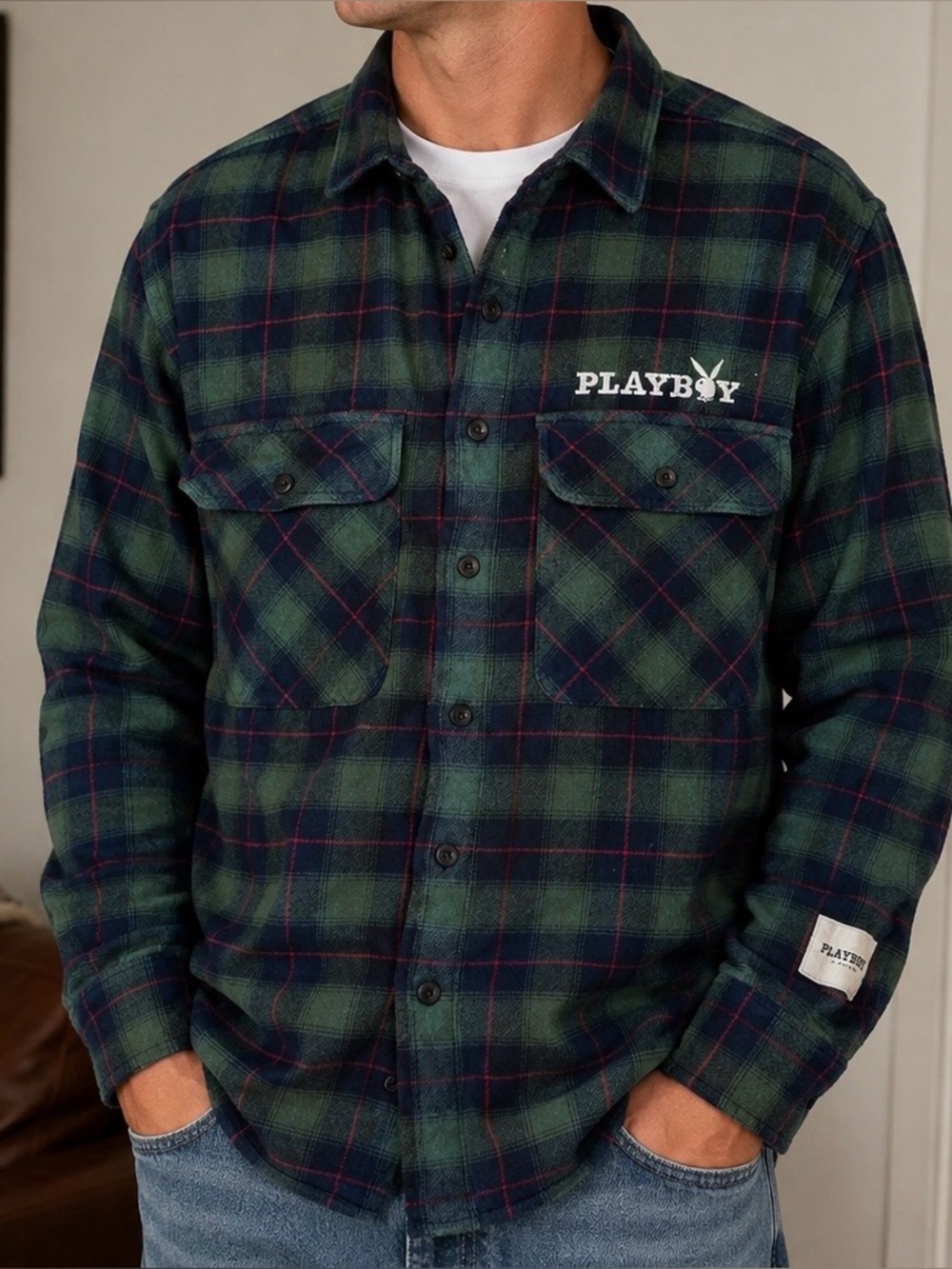 Playboy Flannel Shirt Mens Small Green Plaid PacSun Logo Embroidered Cotton Top